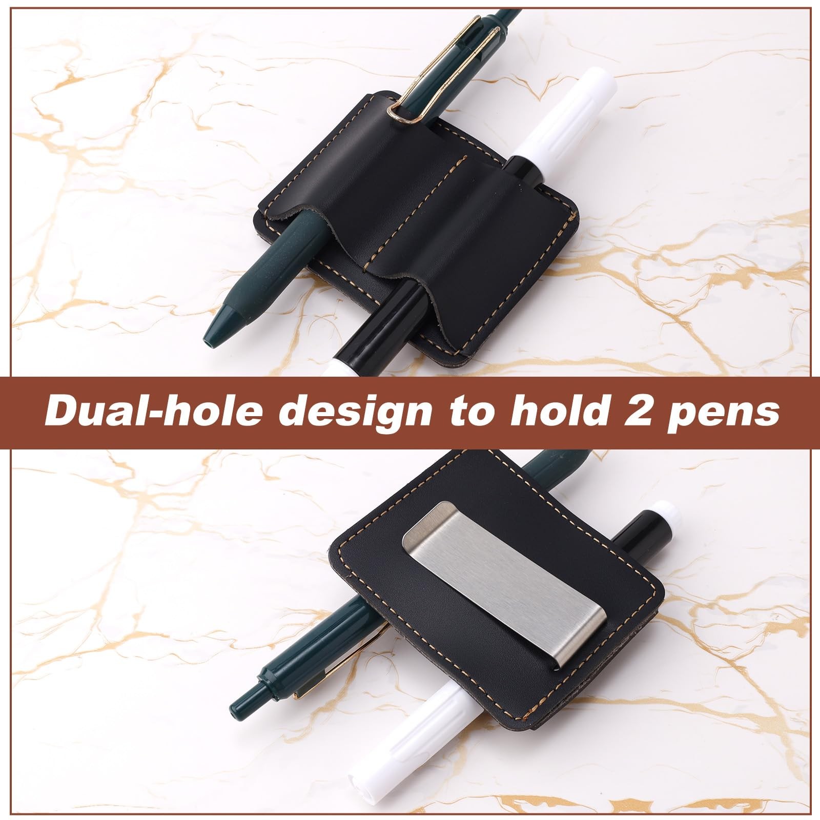Black Notebook Pen Pencil Holder Clip, 3×2.4in Two Hole Leather Pen Holder Cl…