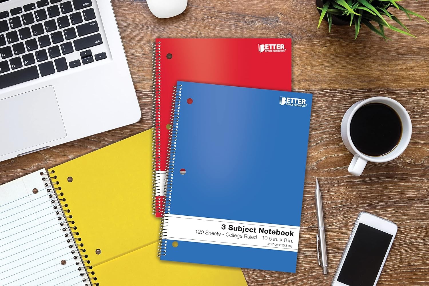 Better Office Products Spiral Notebooks 3-Subject, 6 Pack, College Rule, 120