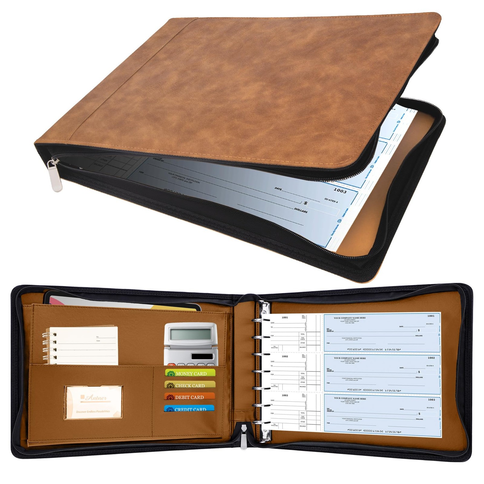 Zippered 7-Ring Business Checkbook Binder PU Leather 600 Checks Organizer Brown