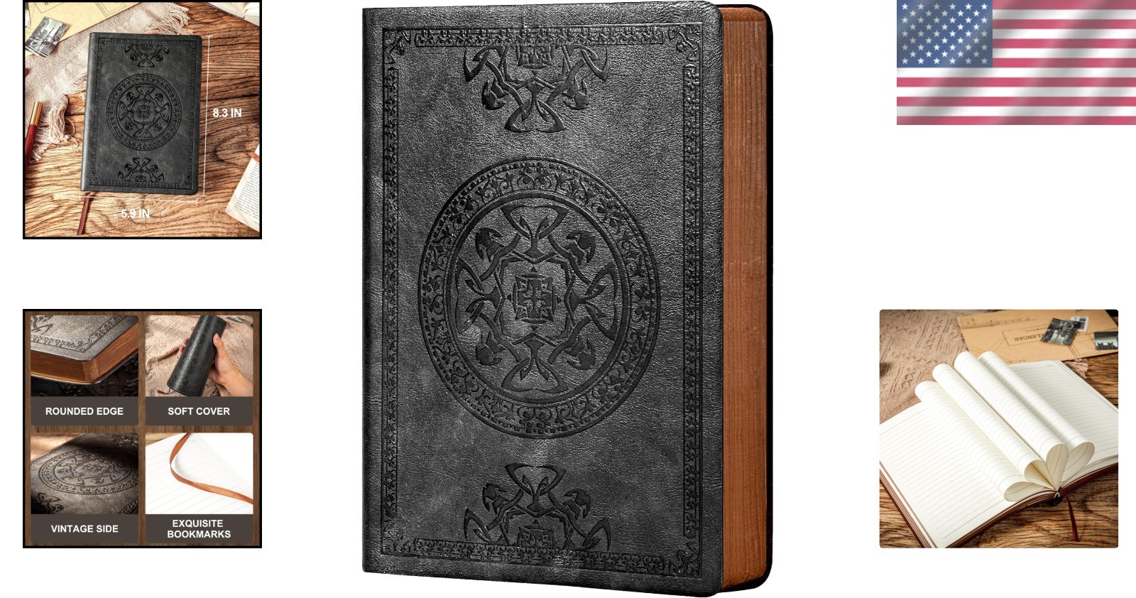 Elegant Lined Leather Journal for Men, 288 Pages, 180 Lay Flat – Vintage Black
