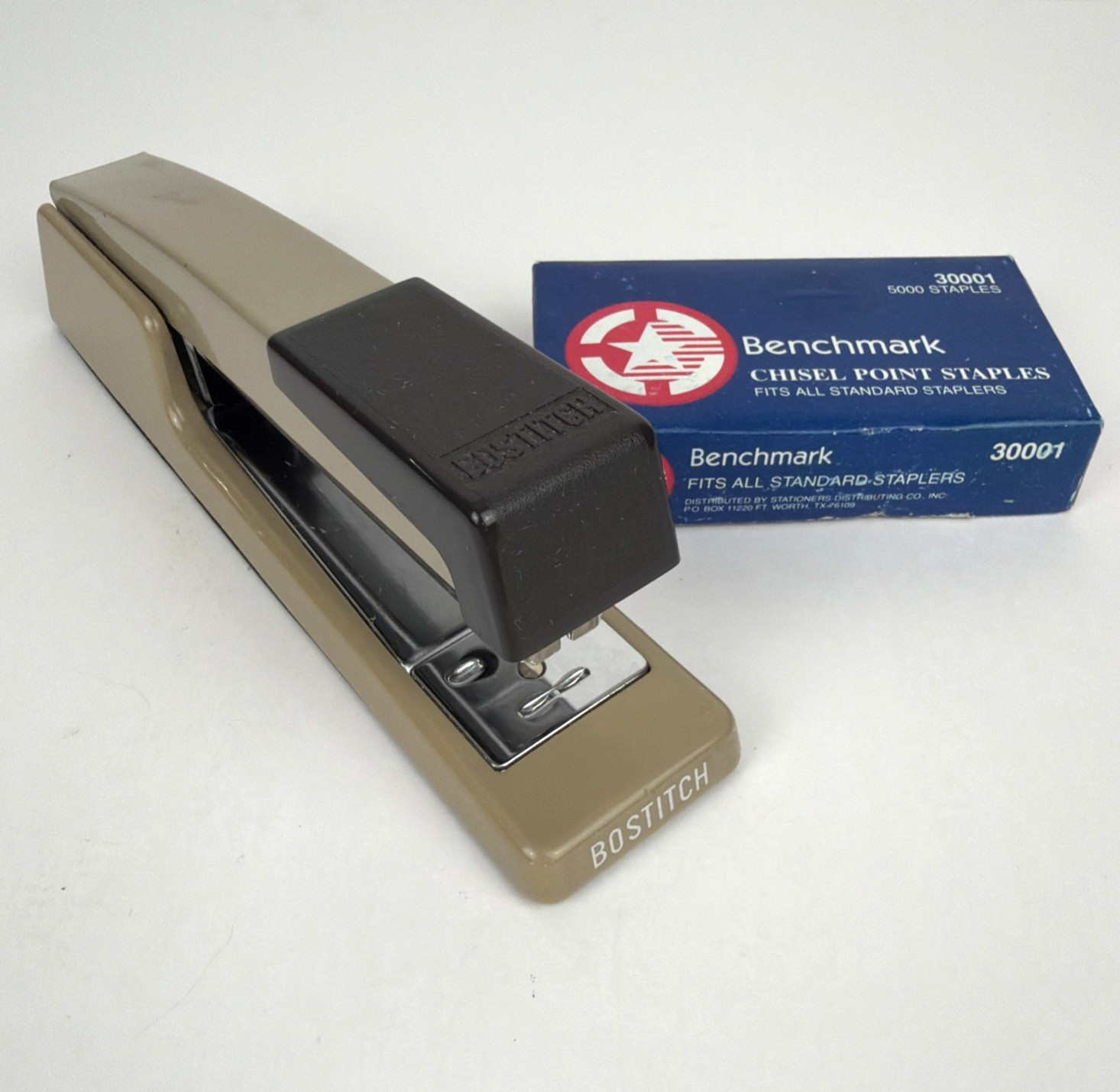 Vintage Bostitch B440 Desktop Stapler Tan & Brown w/ Benchmark Staples