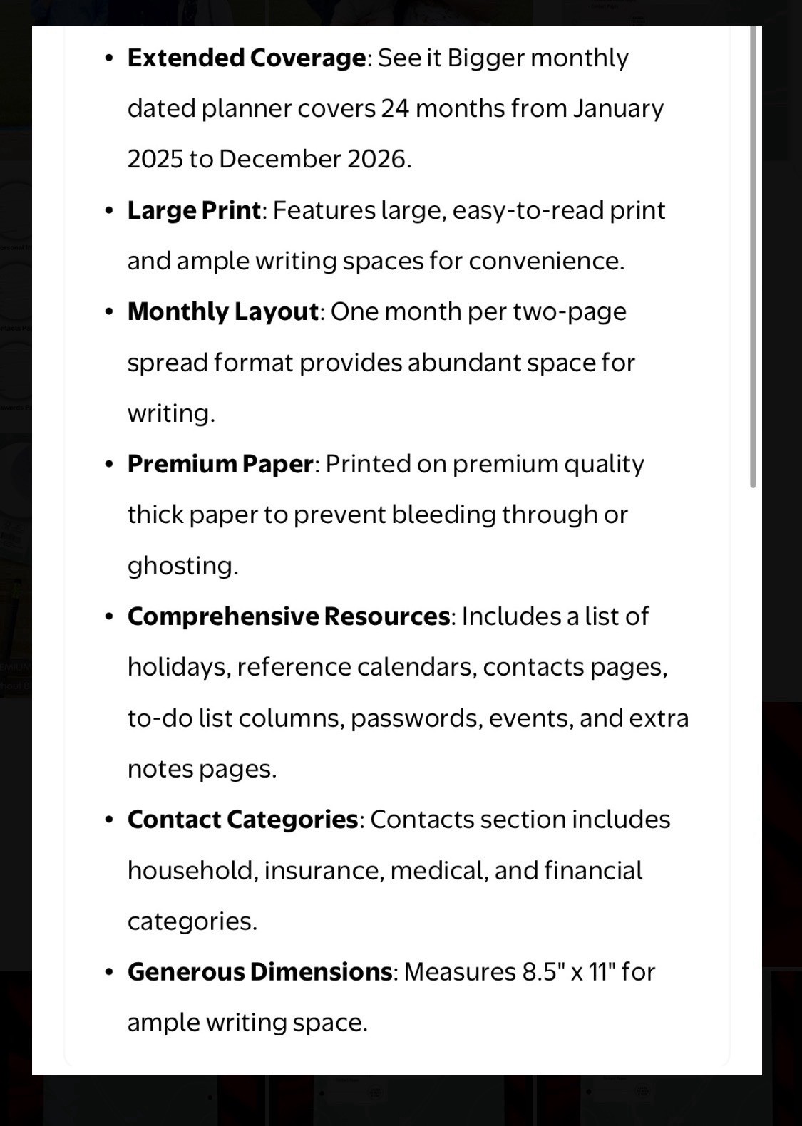 Planner 2025/2026 Large print monthly w notes/contacts FREE JUST PAY SHIPPING