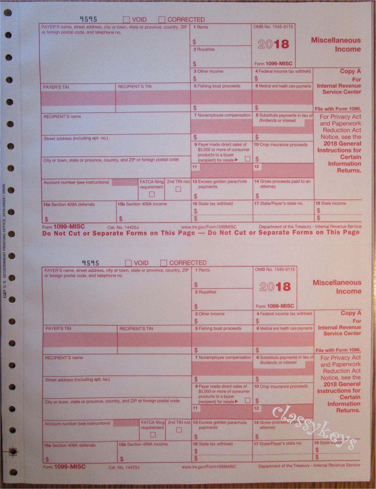 2018 IRS Tax Form 1099-MISC Carbonless for 10 recipients + (2) 1096 — NO Env