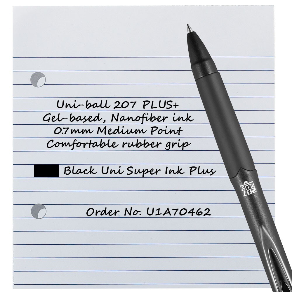 Uni-ball 207 PLUS+ 70462 Black Gel Ink 0.7mm Medium Point Pens, Box of 12