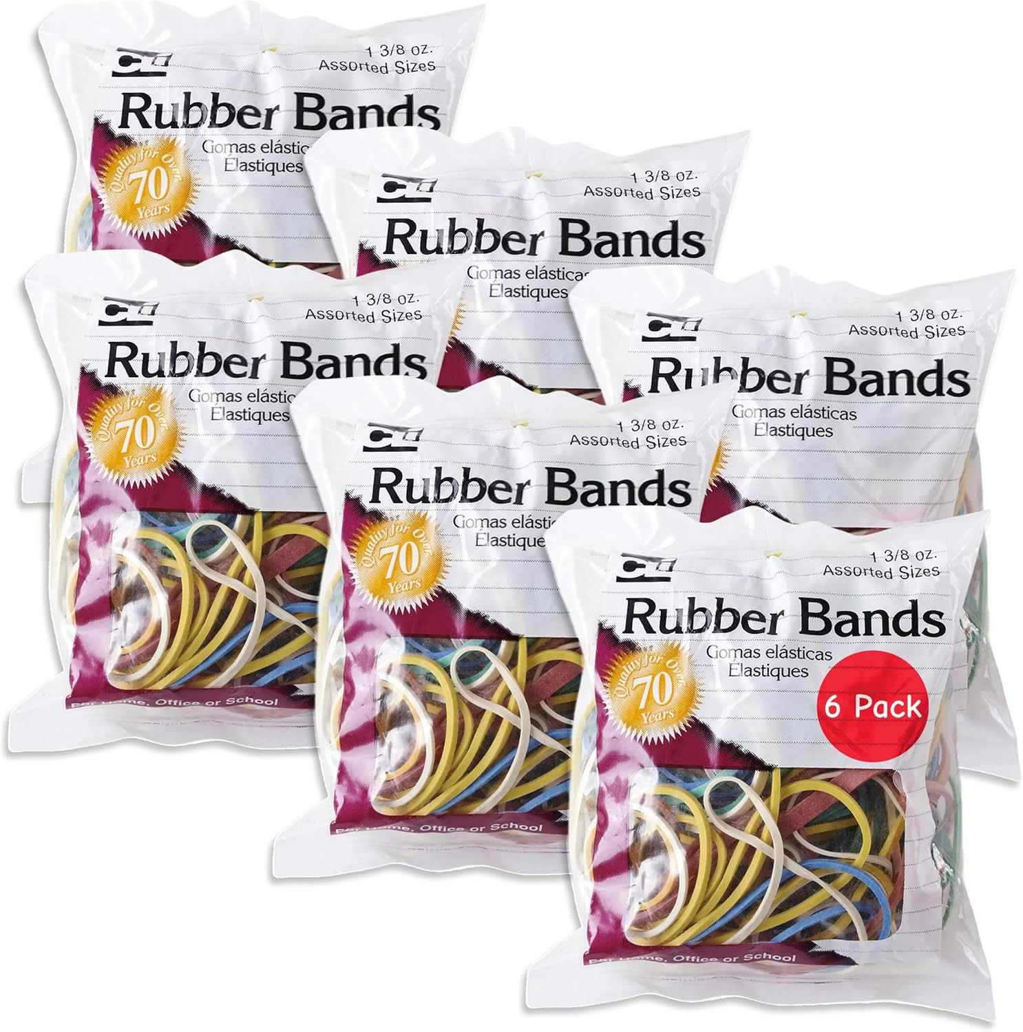 Charles Leonard Rubber Bands Assorted Sizes & Colors 1.4Oz per Individual Bag, 6