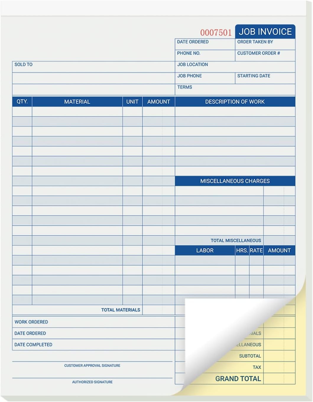 50 Pages – Auto Repair Job Order Invoice Forms – 2 Part Carbonless Work Order Fo