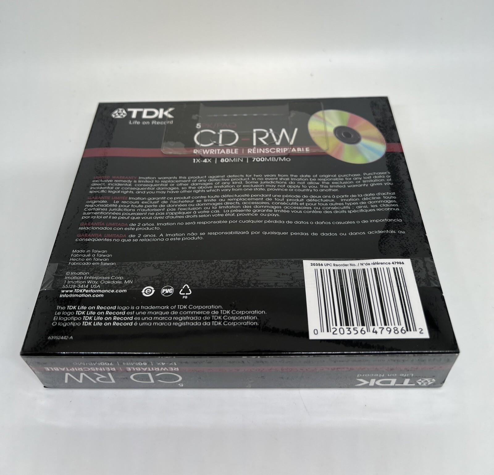 5 PK TDK CD-RW DISC 1X-4X 80MIN 700MB, REWRITABLE, WITH JEWEL CASE, TDK-47986