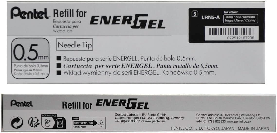 Pentel Refill Ink for EnerGel Liquid Gel Pen, fine (0.5mm), Black Ink, Box of 12