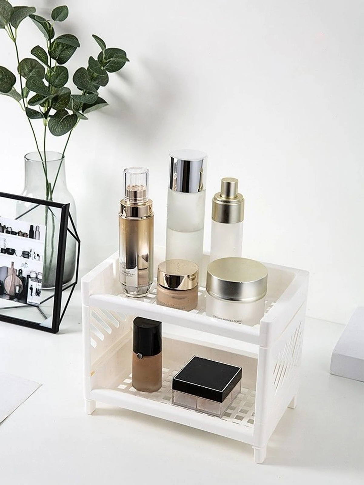 Rectangular White Double Layer Desktop Storage Rack Office Cosmetics Stationery