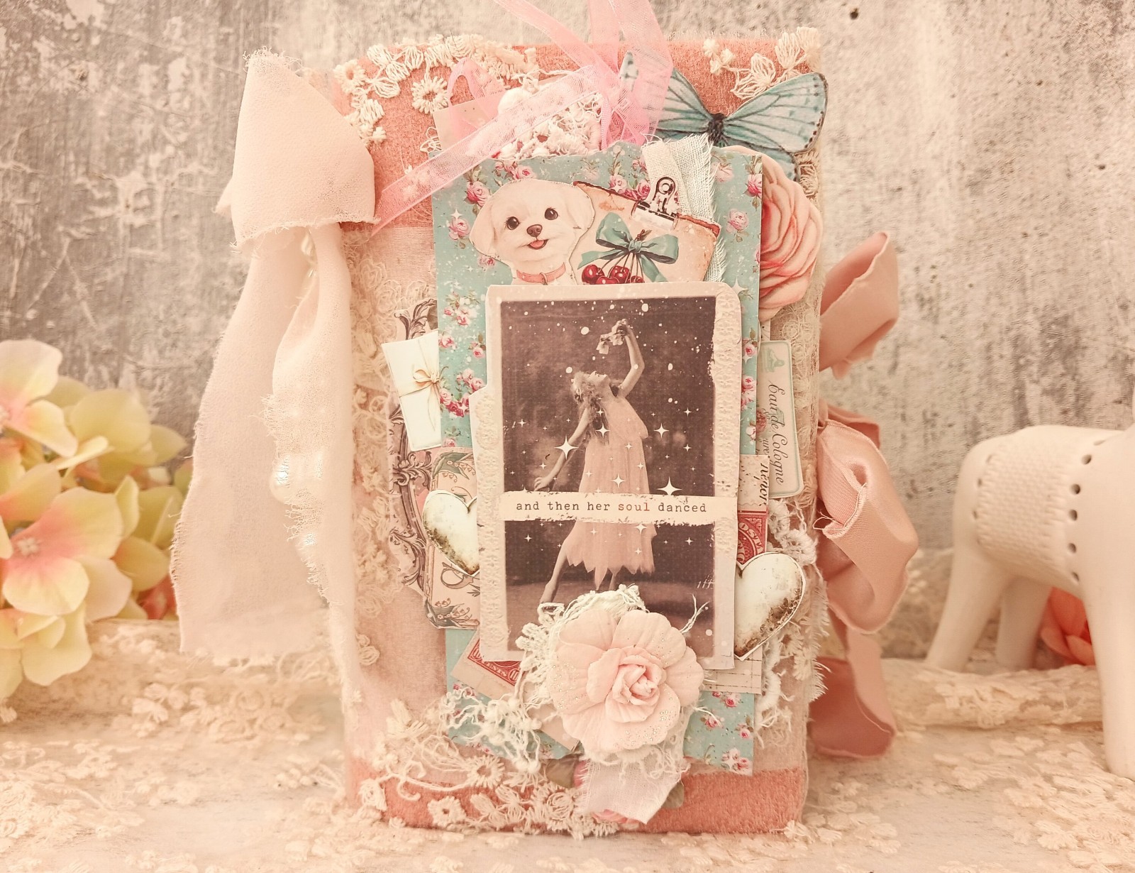 Junk Journal Handmad Lace French Chic Dream Notebook for Sale with puppy 8×4 in