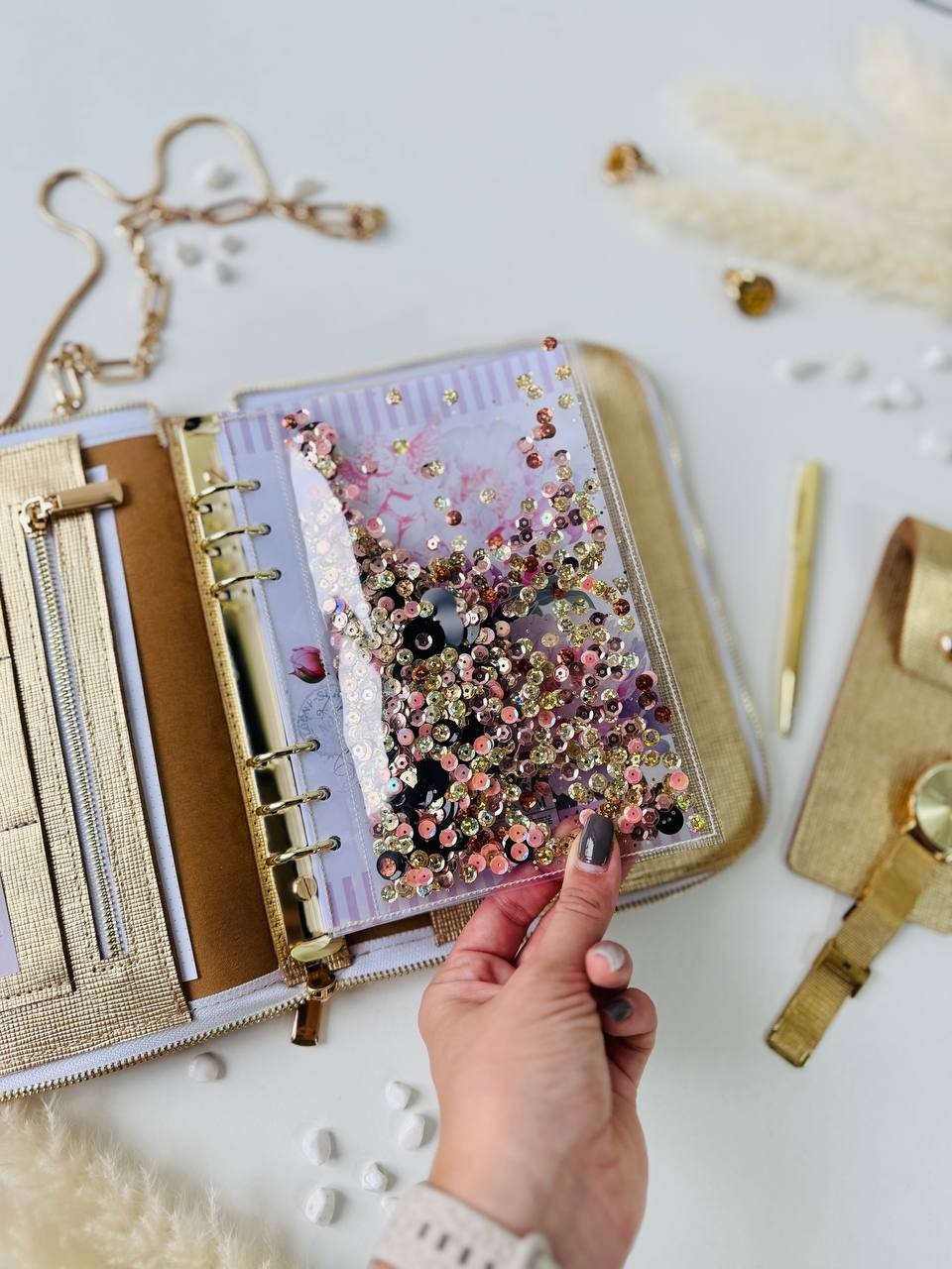 Golden leather Binder Planner Journal Gift A5. Dairy planner organizer handmade.