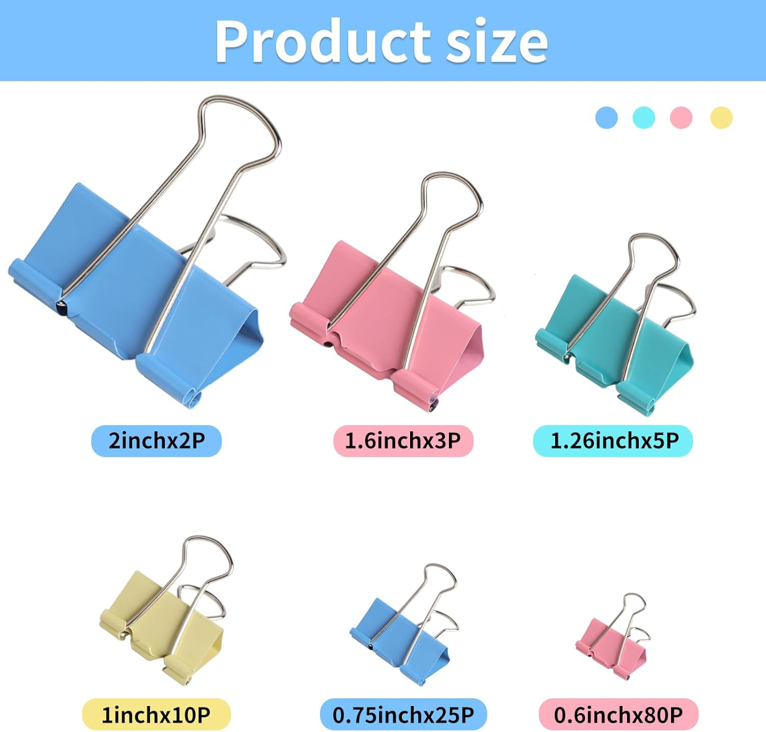Joyberg 125Pcs Binder Clips Colored, Binder Clips Assorted Sizes, 6 Sizes Binder