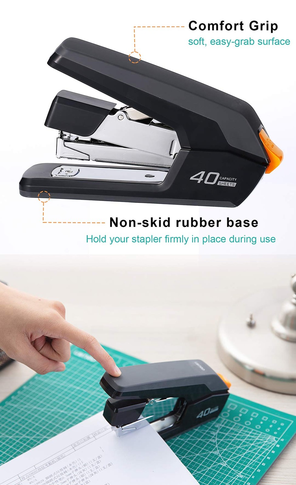 Leven Effortless Desktop Stapler, 40 Sheet Capacity, One 40 Sheets, Black