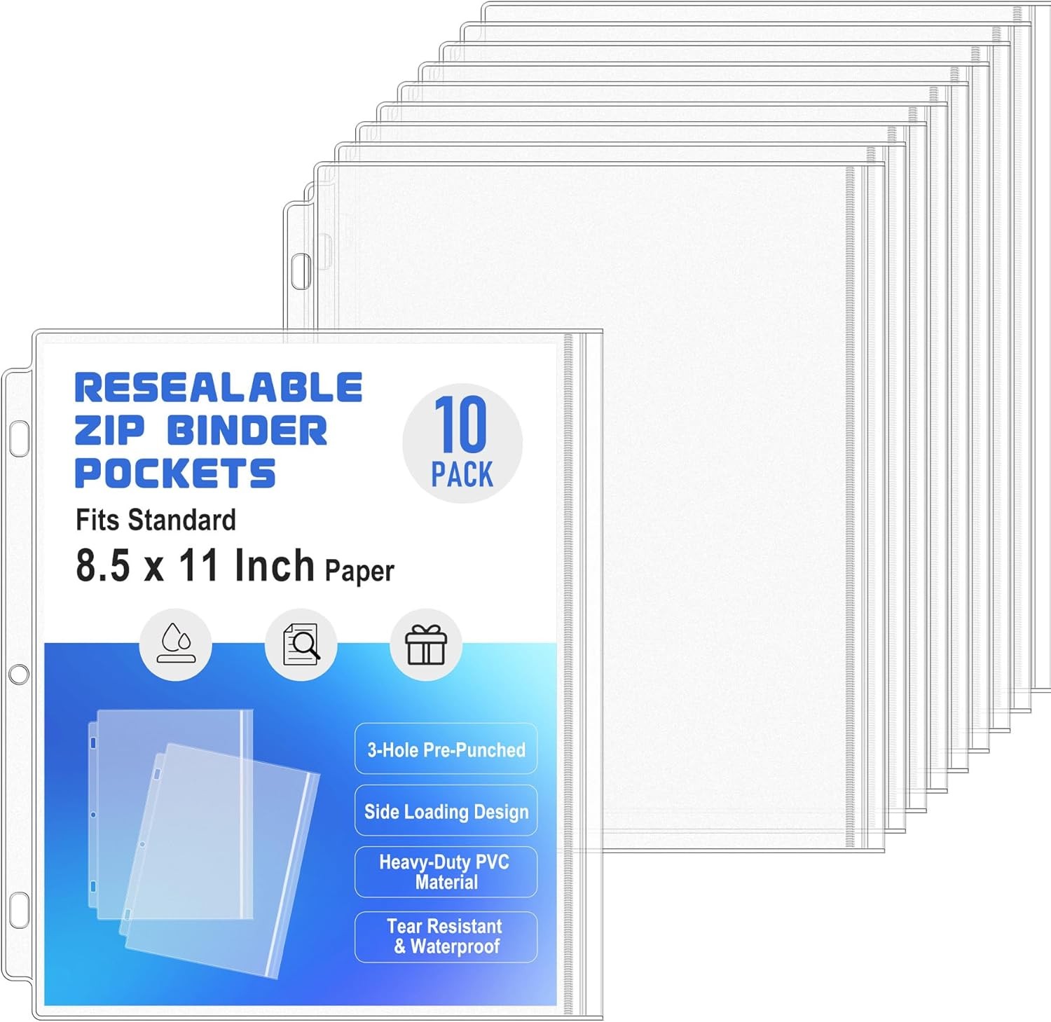 10 Pack Letter Size Binder Pockets 3 Ring Binder Zipper Pouch, 3-Hole Waterproof