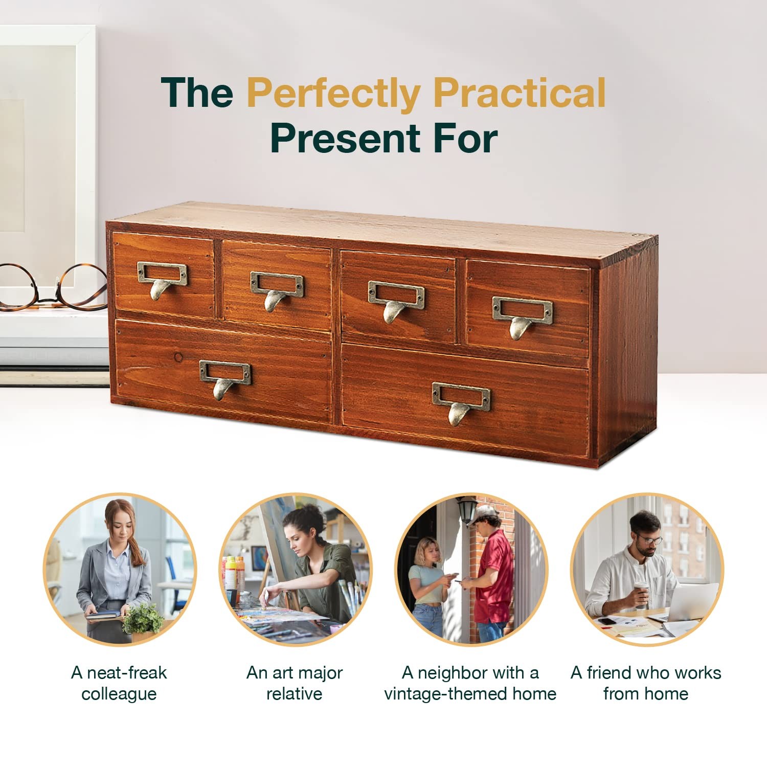 Woodaholic 6-Drawer Vintage Desk Organizer Classic Brown Wood Storage Drawers