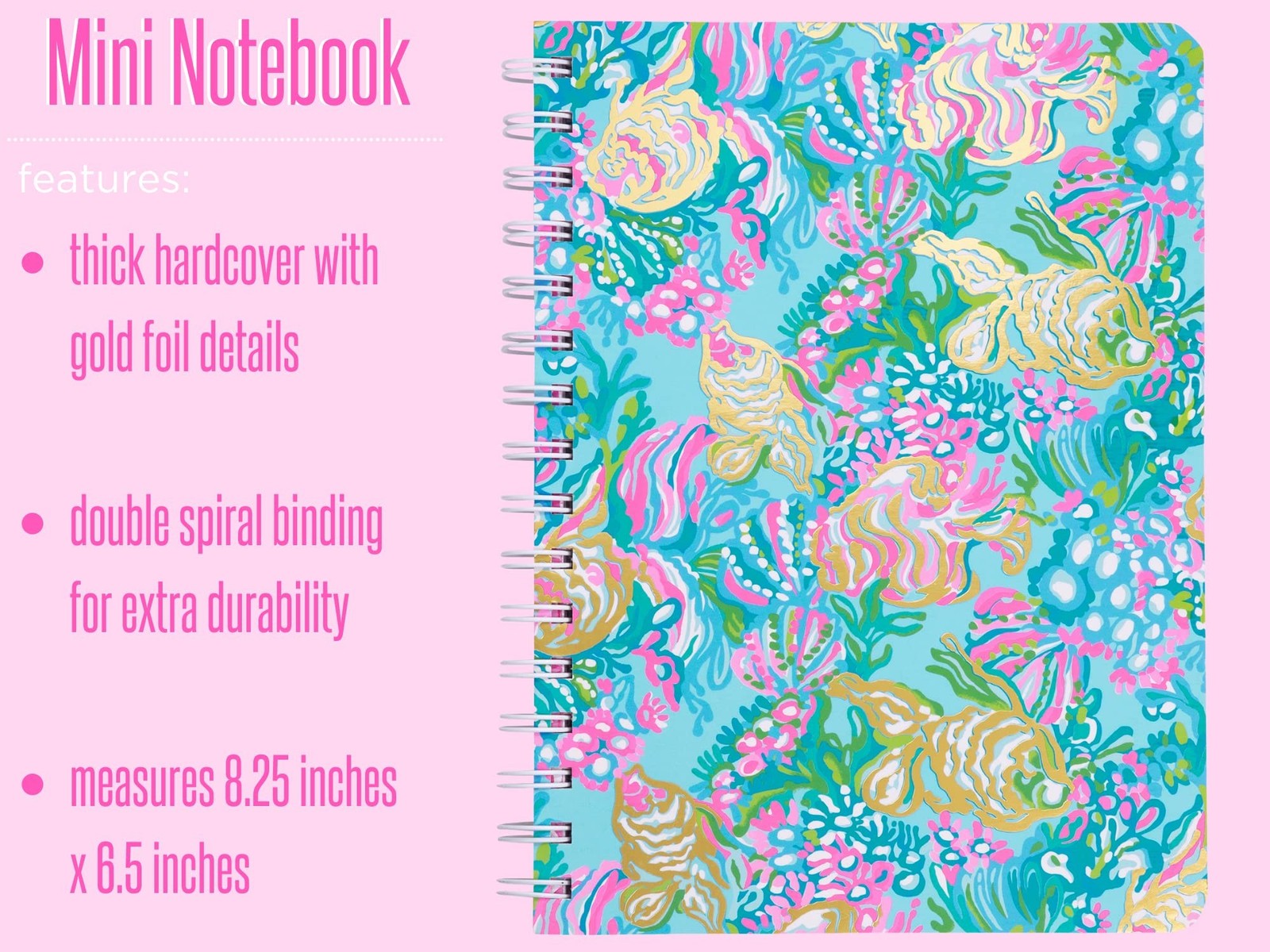Lilly Pulitzer Blue/Gold Hardcover Mini Spiral Notebook, 8.25″ x 6.5″ Small J…