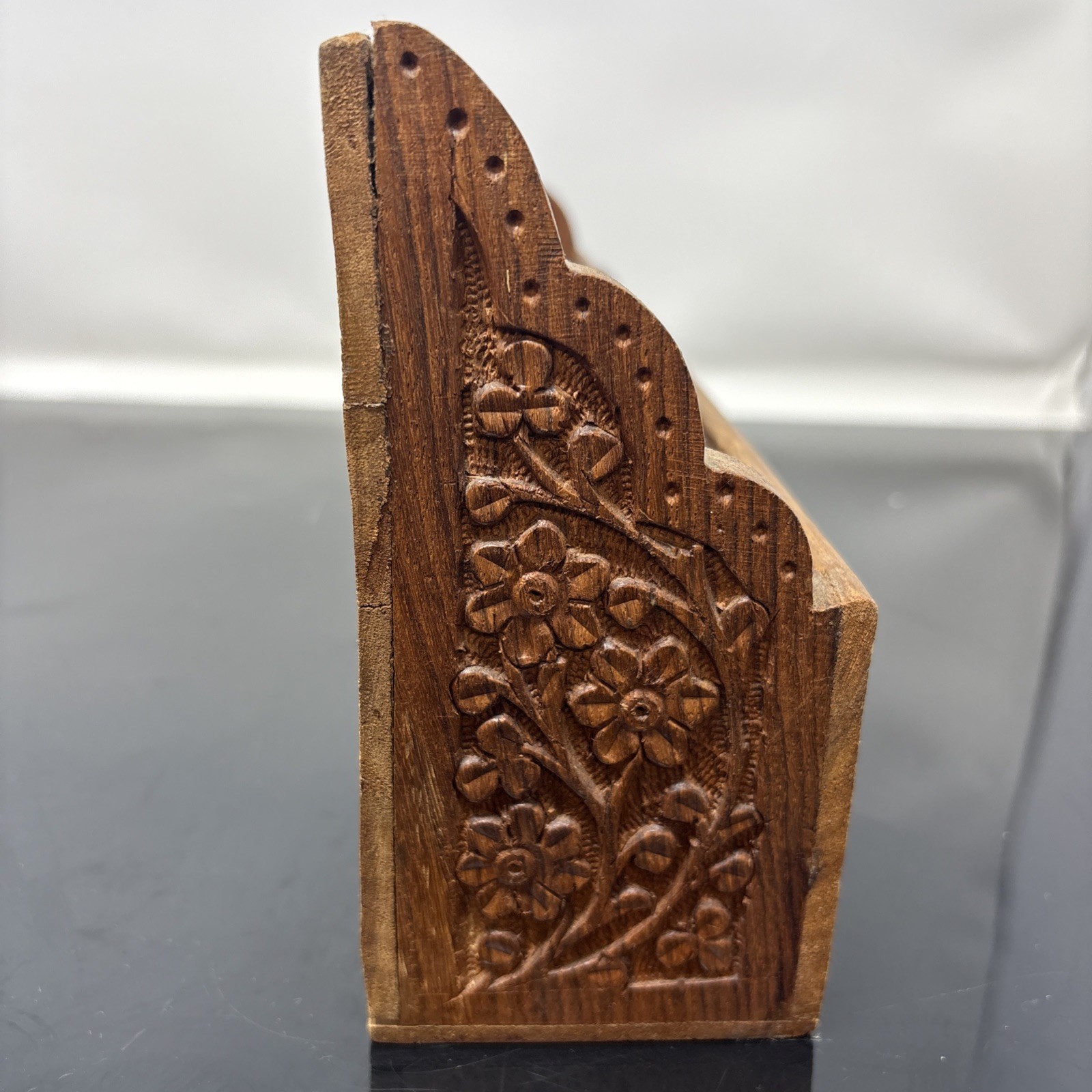Unbranded Brown Carved Floral Wood Desk Organizer