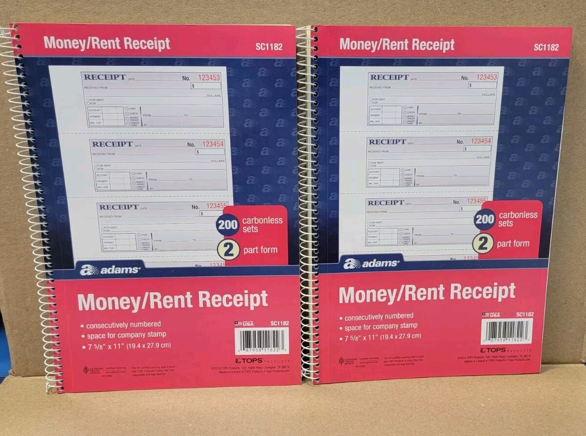 2 Packs ADAMS Money Rent Receipt Book SC1182