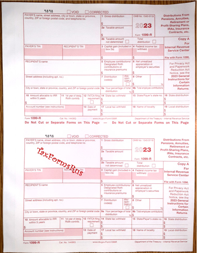 2023 IRS Tax Form 1099-R — NonCarbonless for 10 recipients + (2) 1096 — NO Env