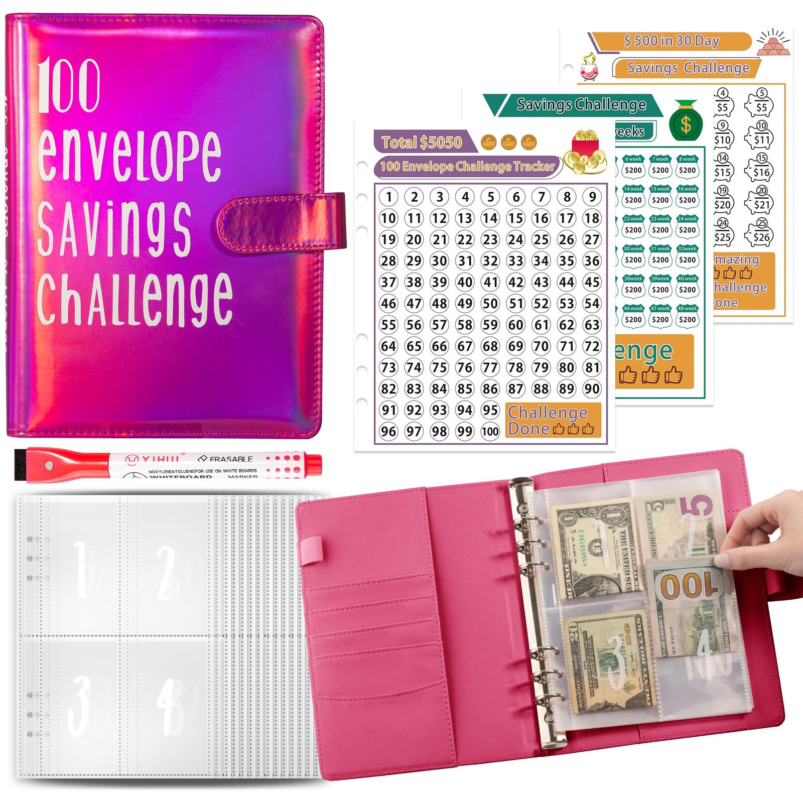 100 Envelope Savings Challenge Binder, Money Saving Binder with Cash Envelope…