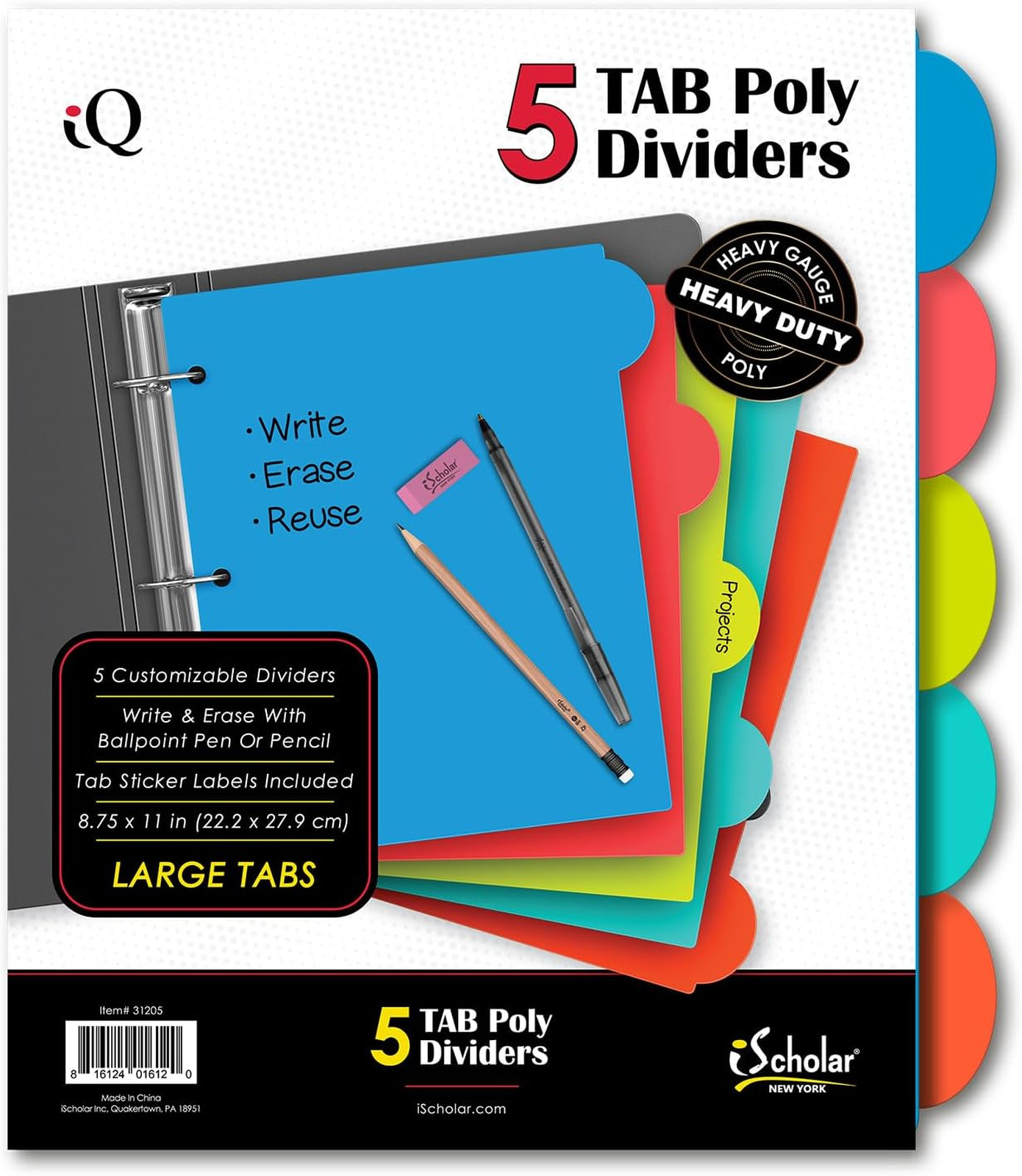 Poly Index Dividers 5 Tab Assorted Colors Writable Erasable 8.75×11 for 3 Ring