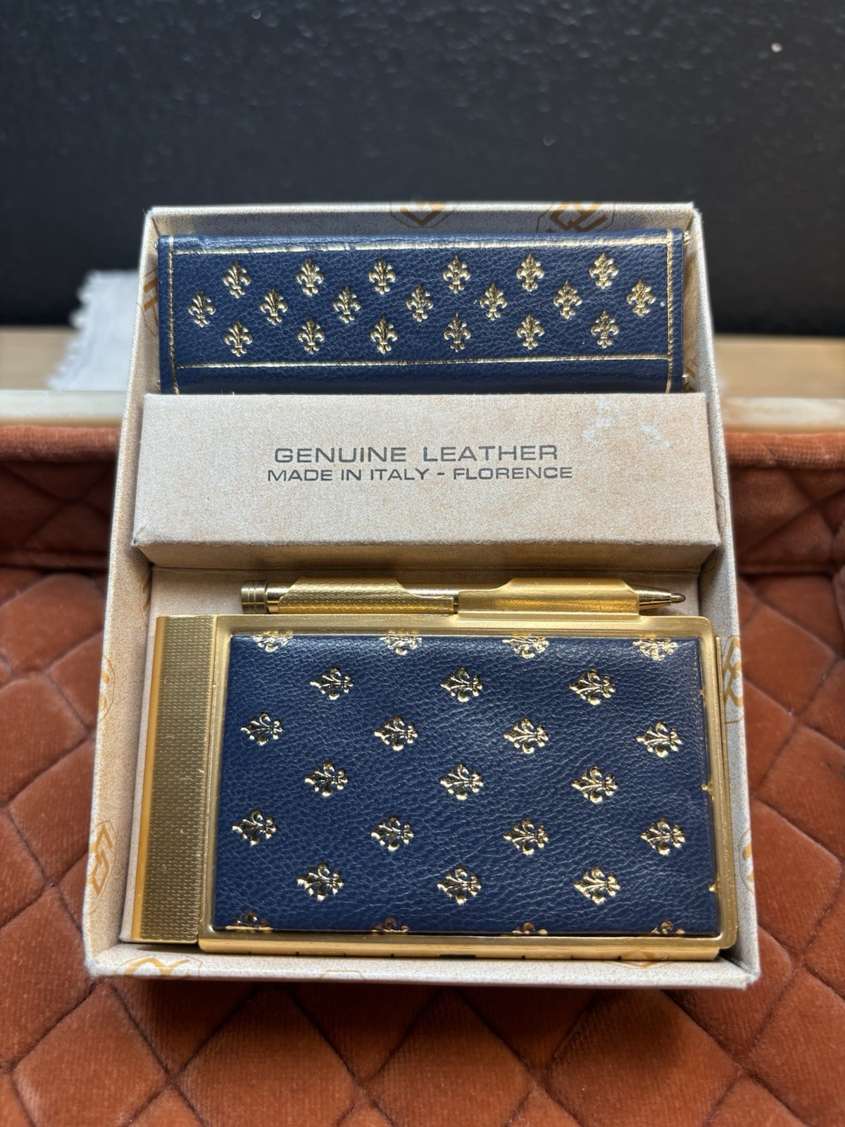 Genuine Leather Blue Address Book w/ Pen Gold Floral Made in Italy Florence