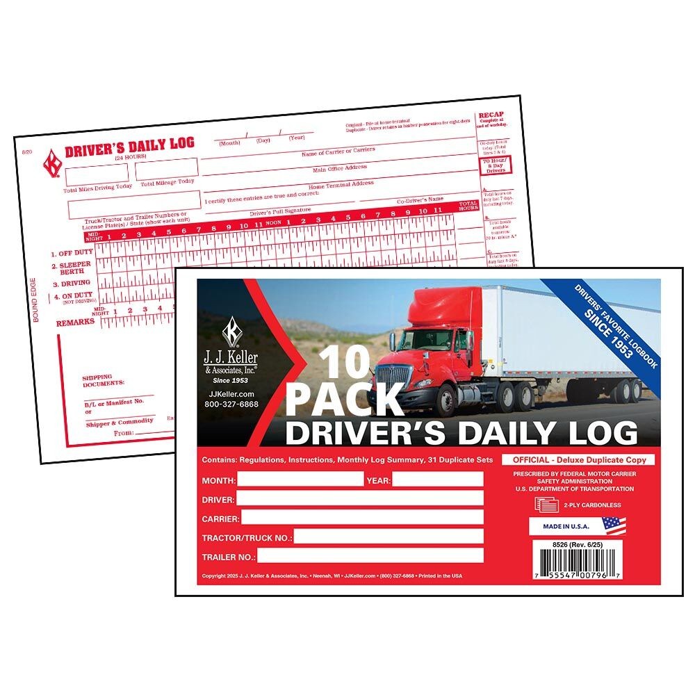 J. J. Keller Driver Daily Log Book 10-pk., 7- & 8-Day Recap, 2-Ply Carbonless,