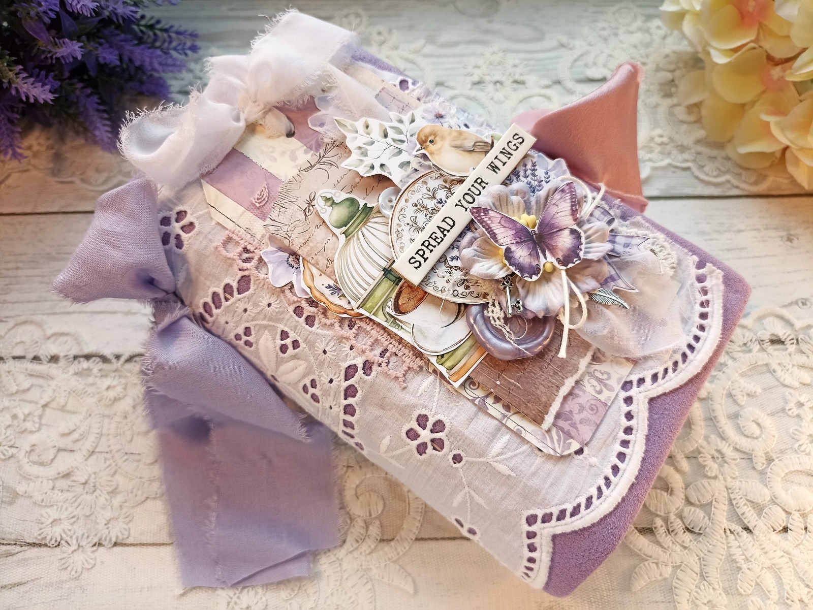 Junk Journal Handmade Lace Purple Lavender Notebook Decorated USA 8×4 in