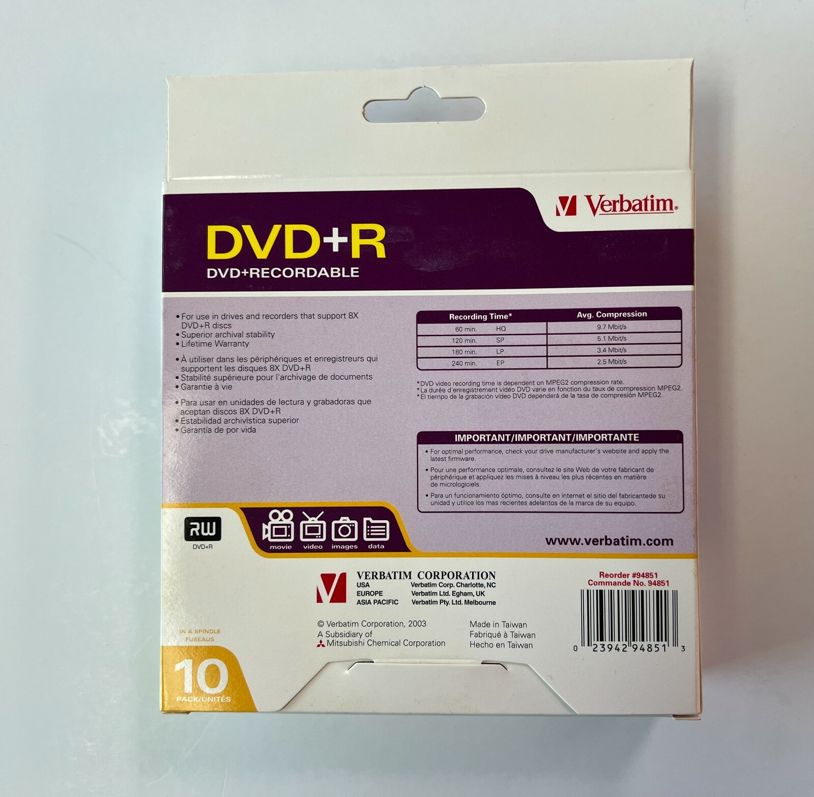 SALE! 10PK Verbatim RW DVD+R 8X 4.7GB 120MIN VIDEO, DVD+RECORDABLE, #94851