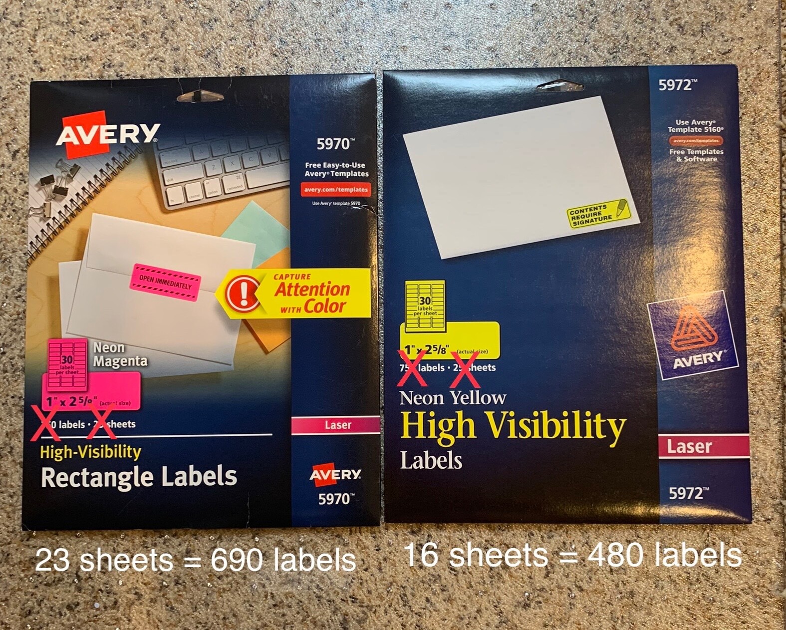 Avery 5970 Neon Magenta & 5972 Yellow sticker labels 1″ x 2 5/8″ see description