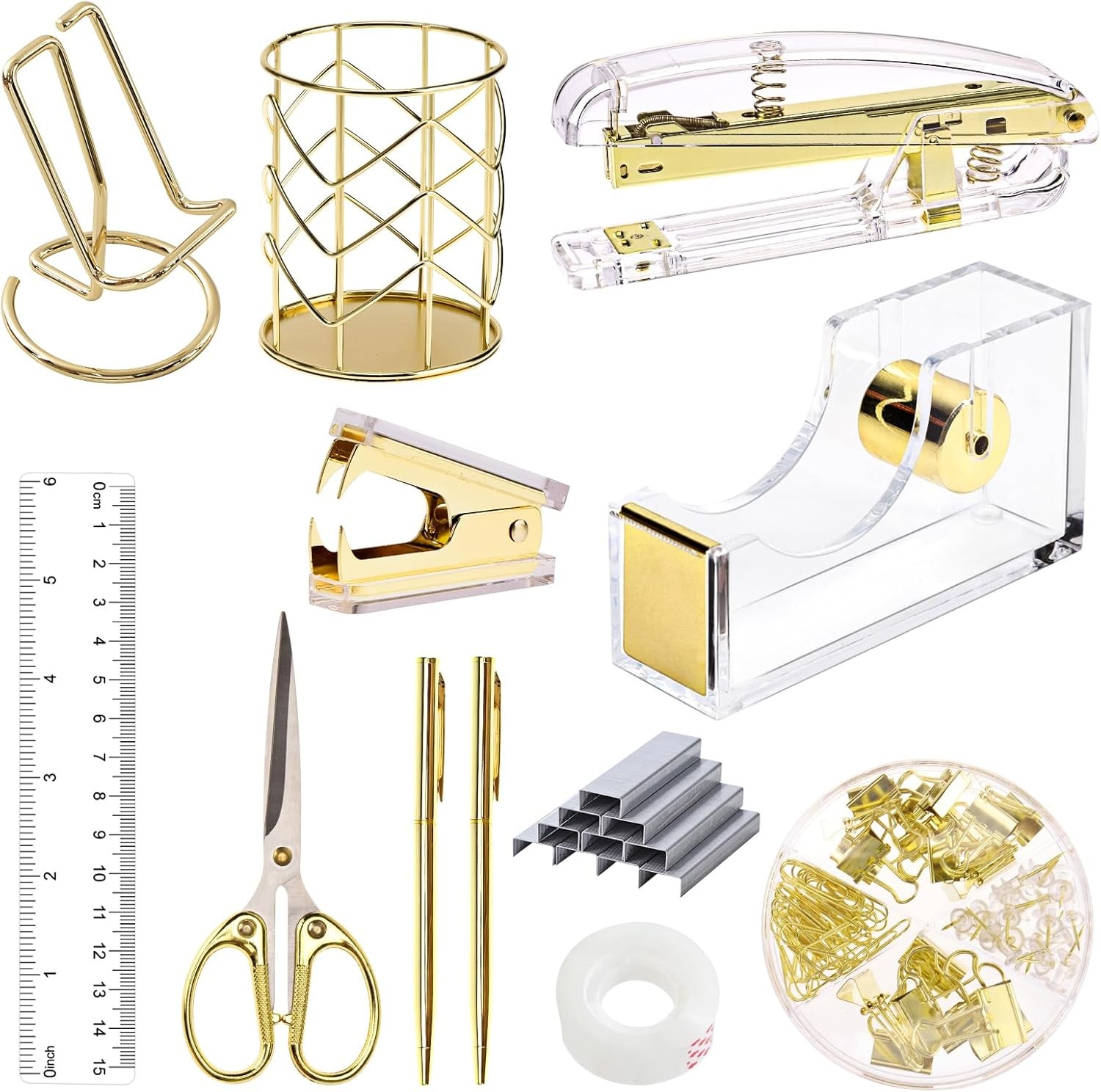 EOOUT Gold Office Supplies Set Desk Accessories, Acrylic Stapler