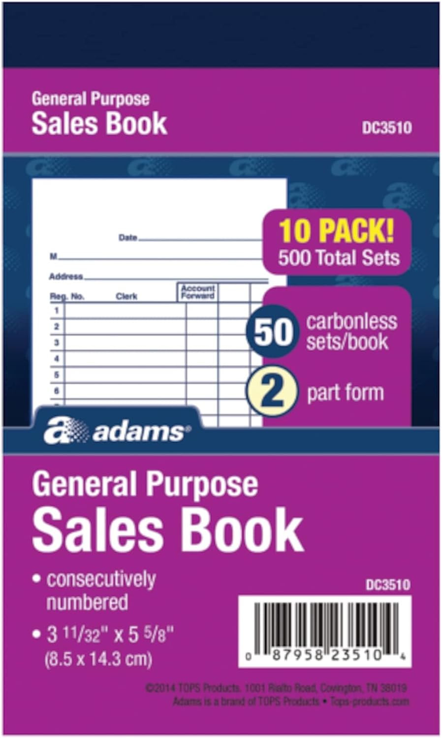 General Purpose Sales Book, 2-Part, Carbonless, White/Canary, 3-11/32 X 5-5/8, 5