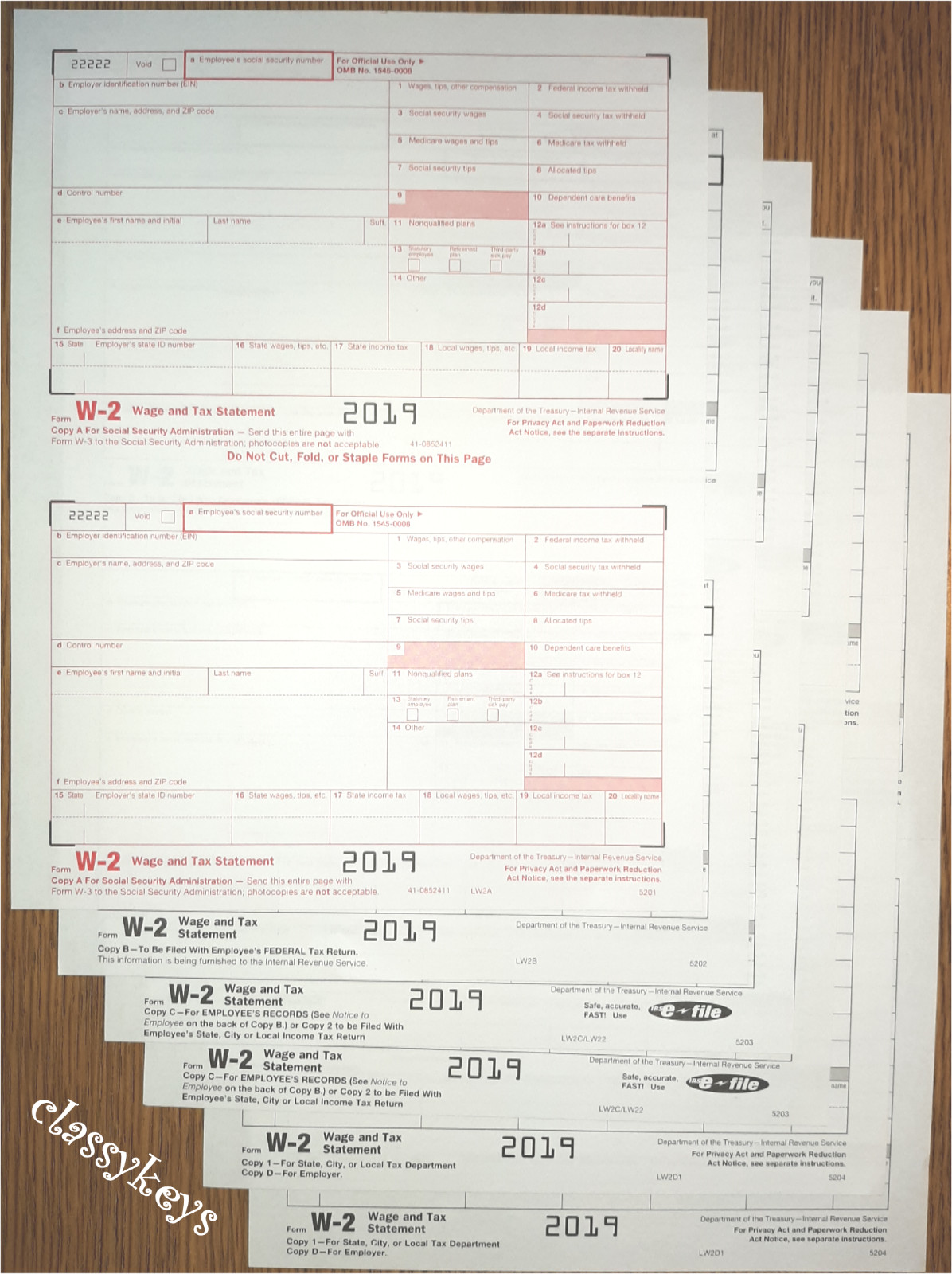 2019 IRS Tax Form W-2 Wage Stmts 10 employees LASER 6-pt +(2)W3 #TF5650 NO Env
