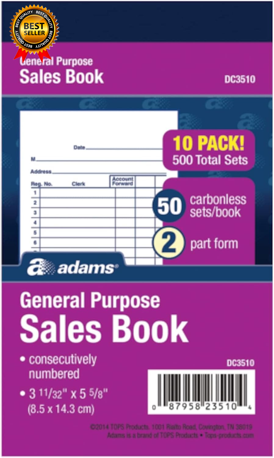 General Purpose Sales Book, 2-Part, Carbonless, White/Canary, 3-11/32 X 5-5/8,