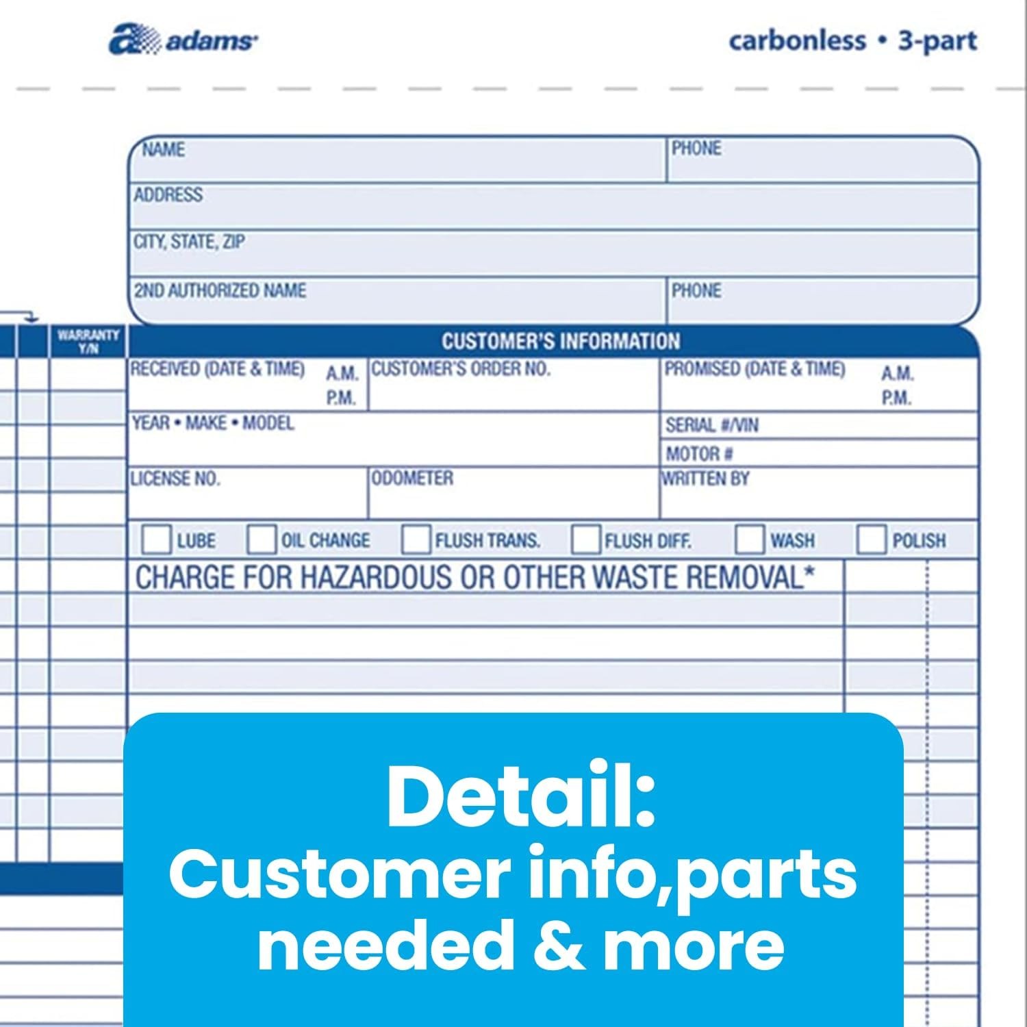Adams 3-Part Carbonless Auto Repairs Book 8.5″L x 7.44″W 50 Forms/Book 301630