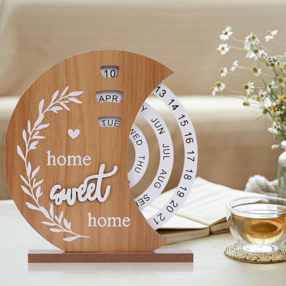 Wooden Perpetual Desk Calendar Vintage Rotating Block Calendar Home Office Decor