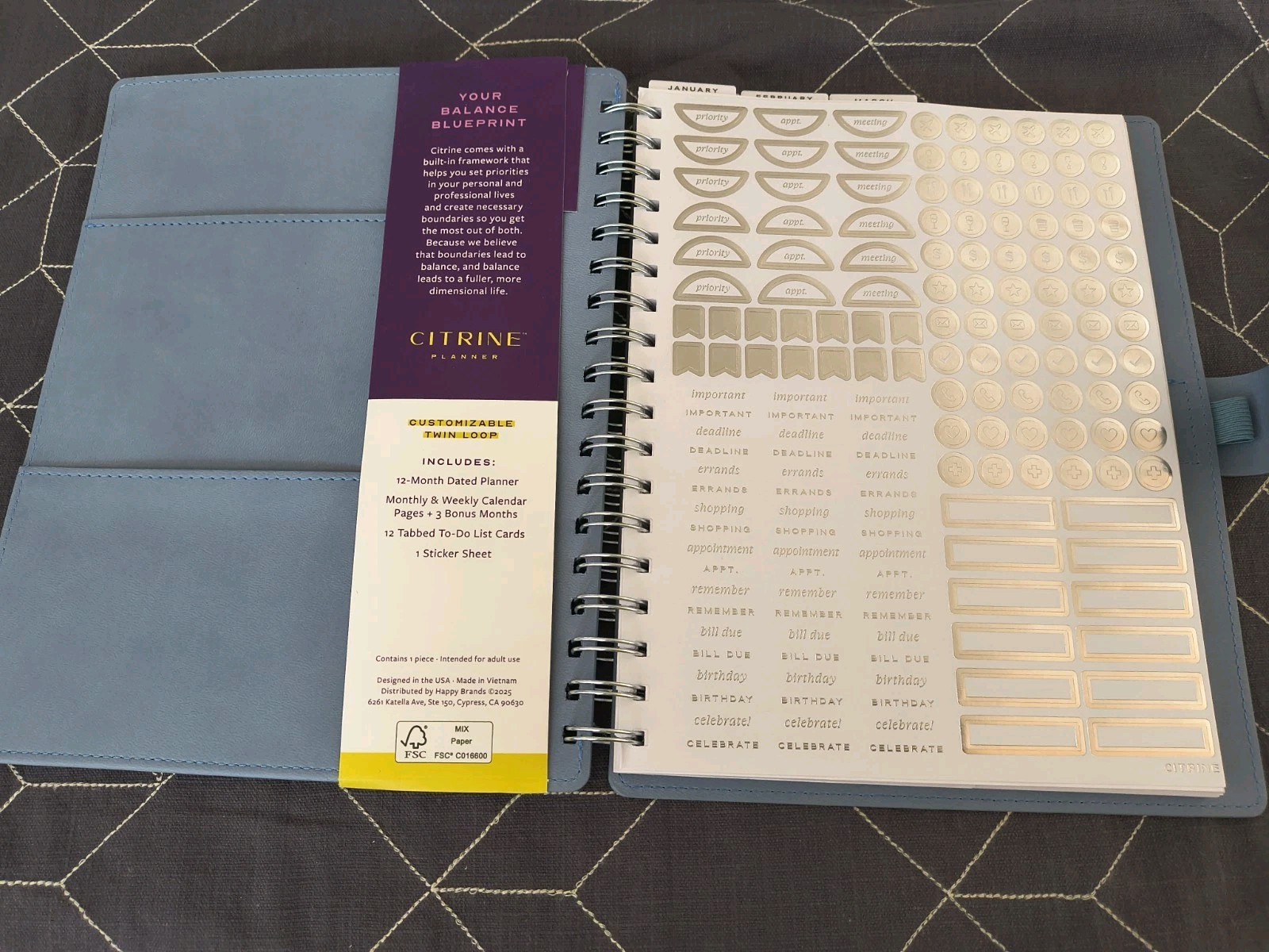 Blue Sky Citrine 2026 Calendar Planner Weekly New Year Faux Blue Suede
