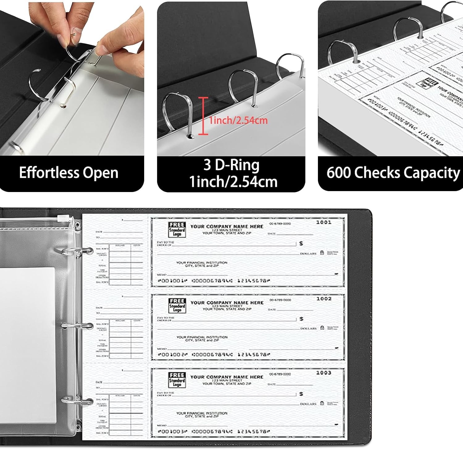 3 Rings Check Binder for End-Stub Deskbook Checks, 3 on a Page, Fit 3 & 9 Holes
