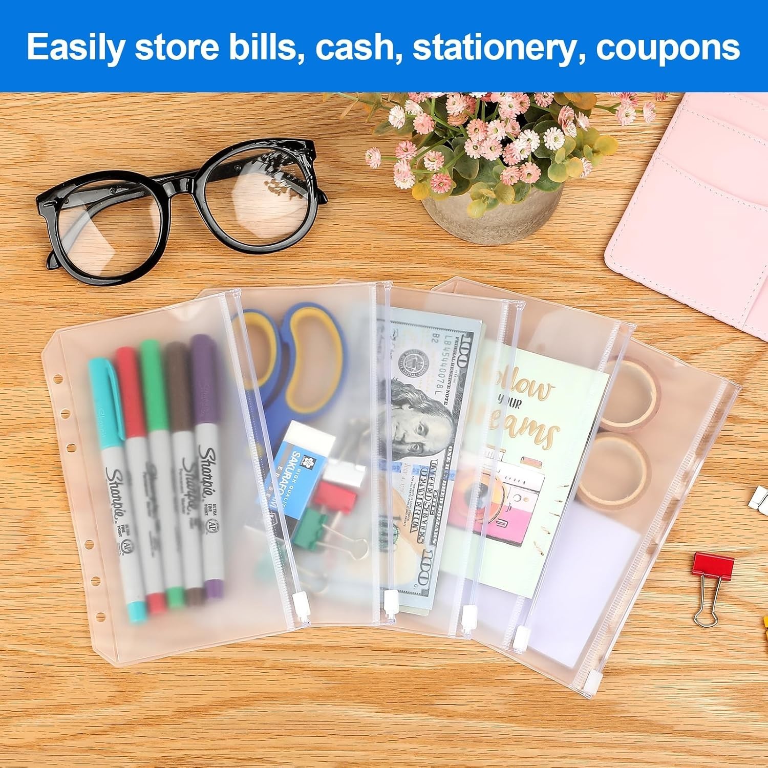 Durable A6 Cash Envelopes – 16 Clear Zipper Pouches for Organizing Finances