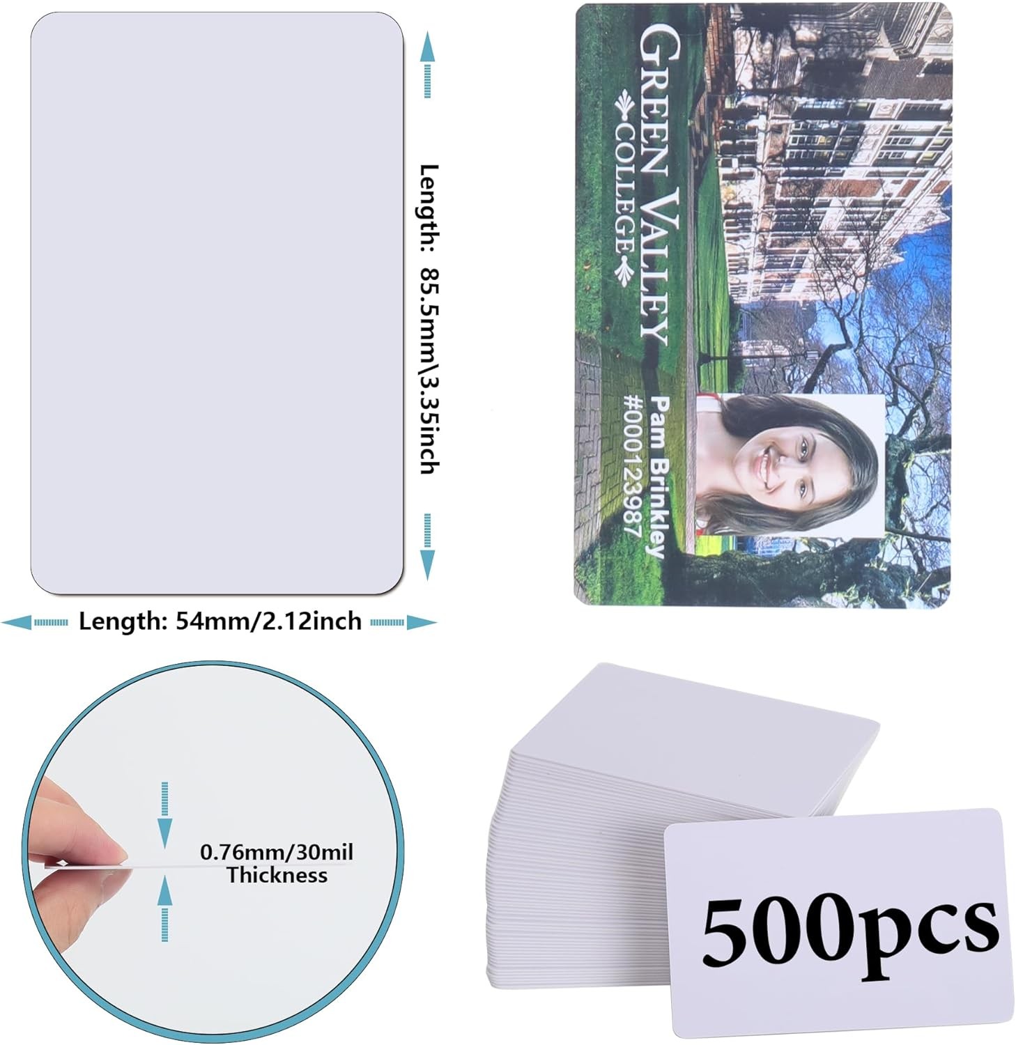 500 Pack Blank White PVC ID Cards – CR80 30 Mil Plastic Cards for Photo ID Badge