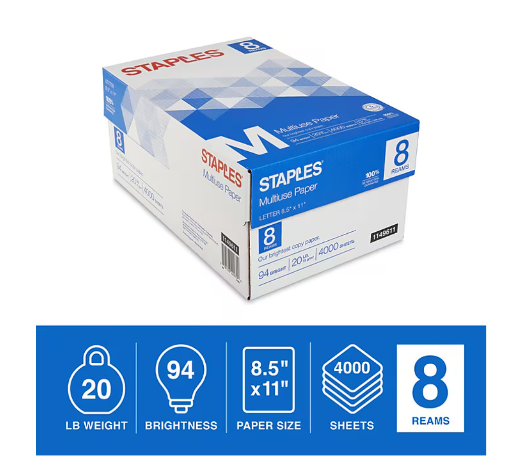 Copy Paper, 8.5″ x 11″ .,94 Brightness,4000Sheets/ 8 Ream. New