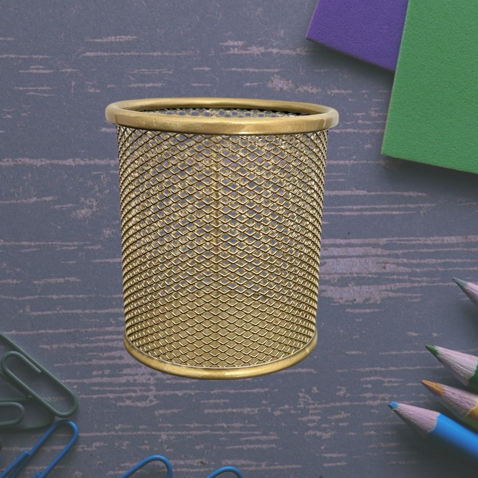 2 Pack Pen Holder Metal Mesh Pencil Holders Round Shaped Pen Holders (Gold)