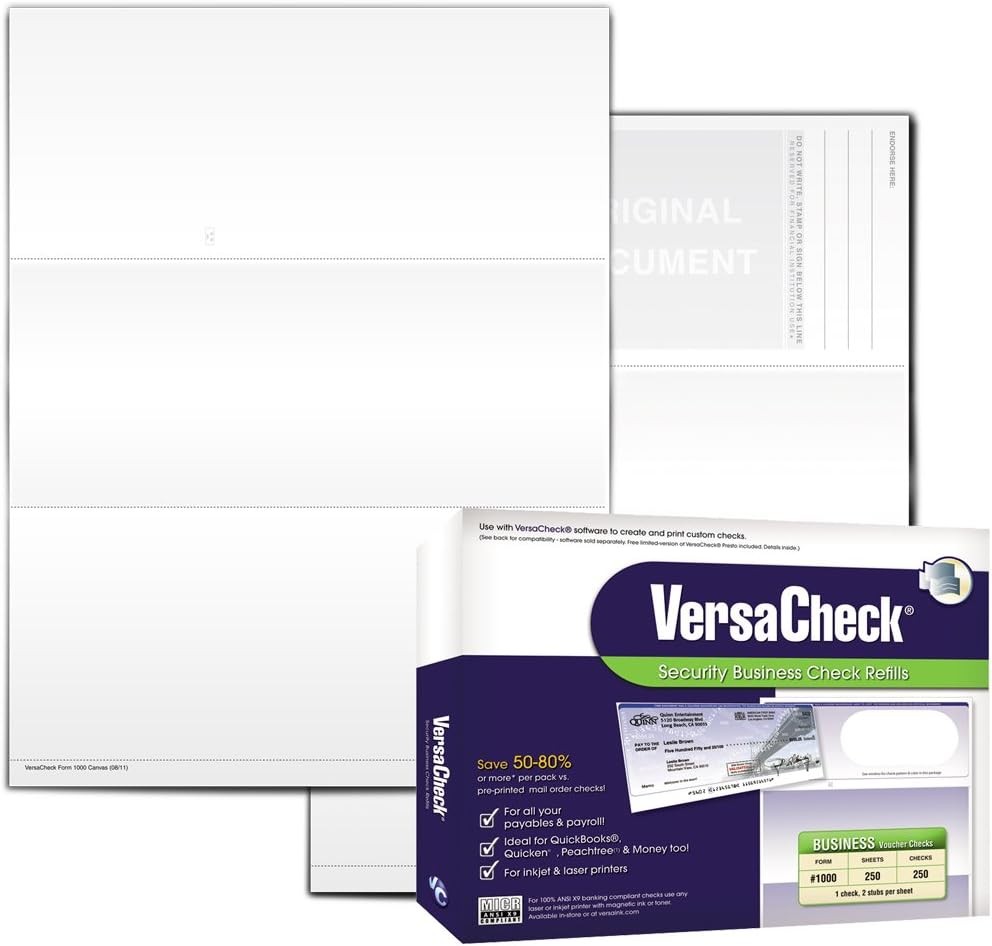 Versacheck Secure Checks – 250 Blank Business Voucher Checks – White Canvas – 25