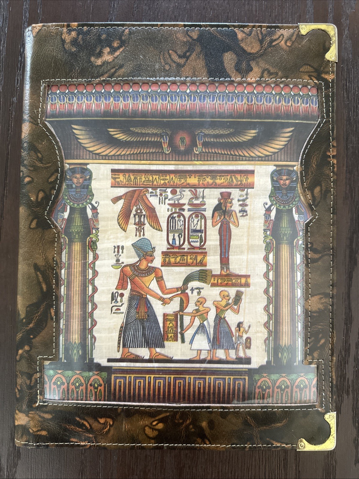 Egyptian Genuine Camel Leather Brown Embossed Papyrus Notebook 12 5/8″ X 9.5”