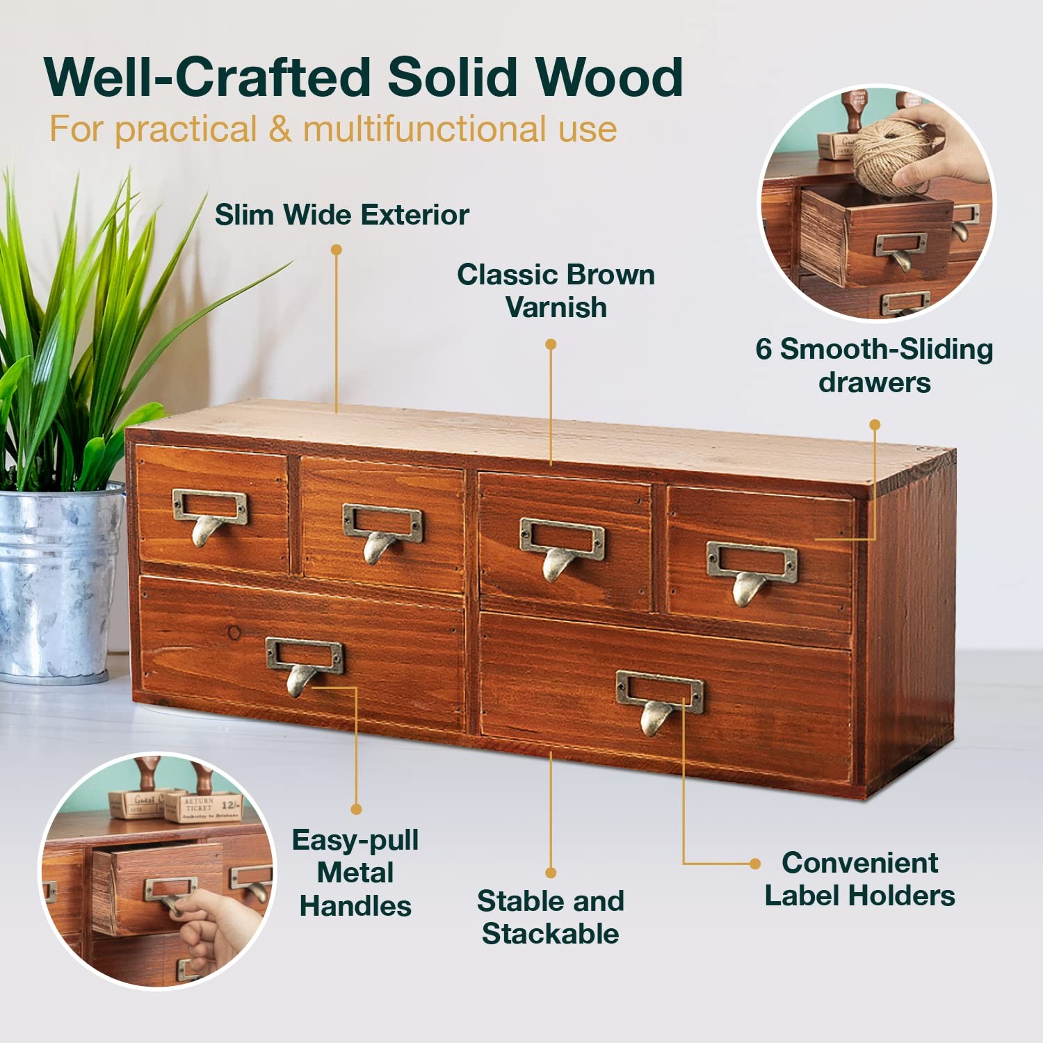 Woodaholic 6-Drawer Vintage Desk Organizer Classic Brown Wood Storage Drawers