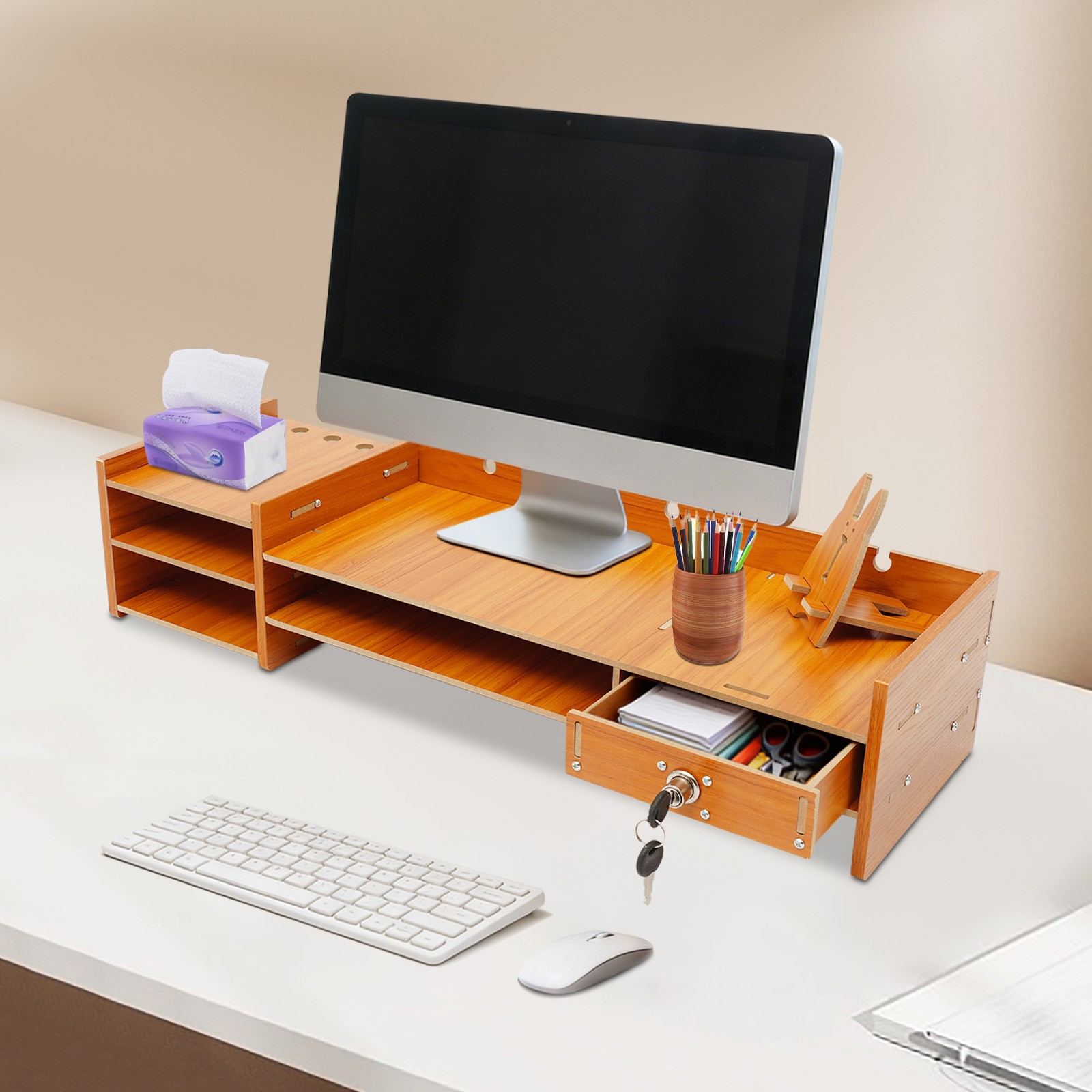 Wood Desk Organizer Office Home Computer Monitor Stand Holder Desktop Storage