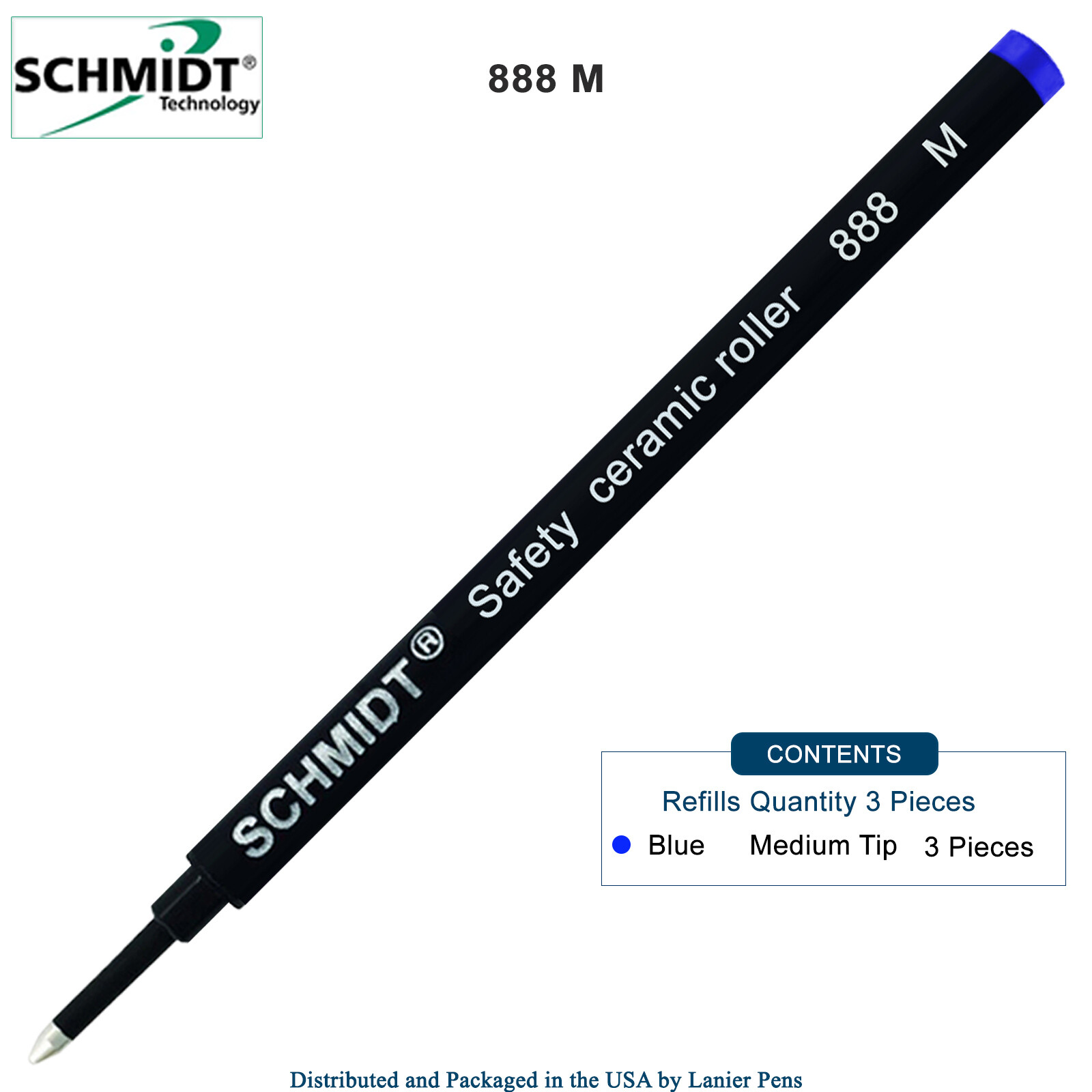 3X-Schmidt 888 M Safety Ceramic Tip Plastic Tube Rollerball Refills, Blue Medium