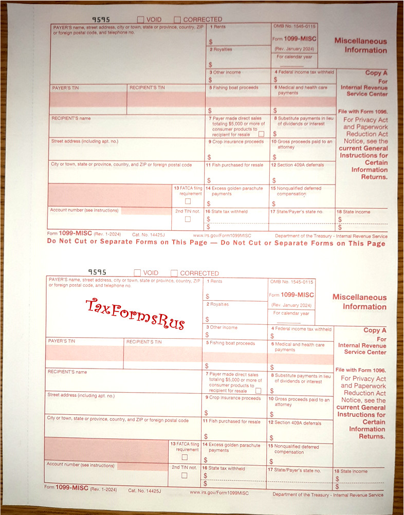 2025 IRS Tax Form 1099-MISC for 4 recipients + (1) 1096, NON-Carbonless, NO Env