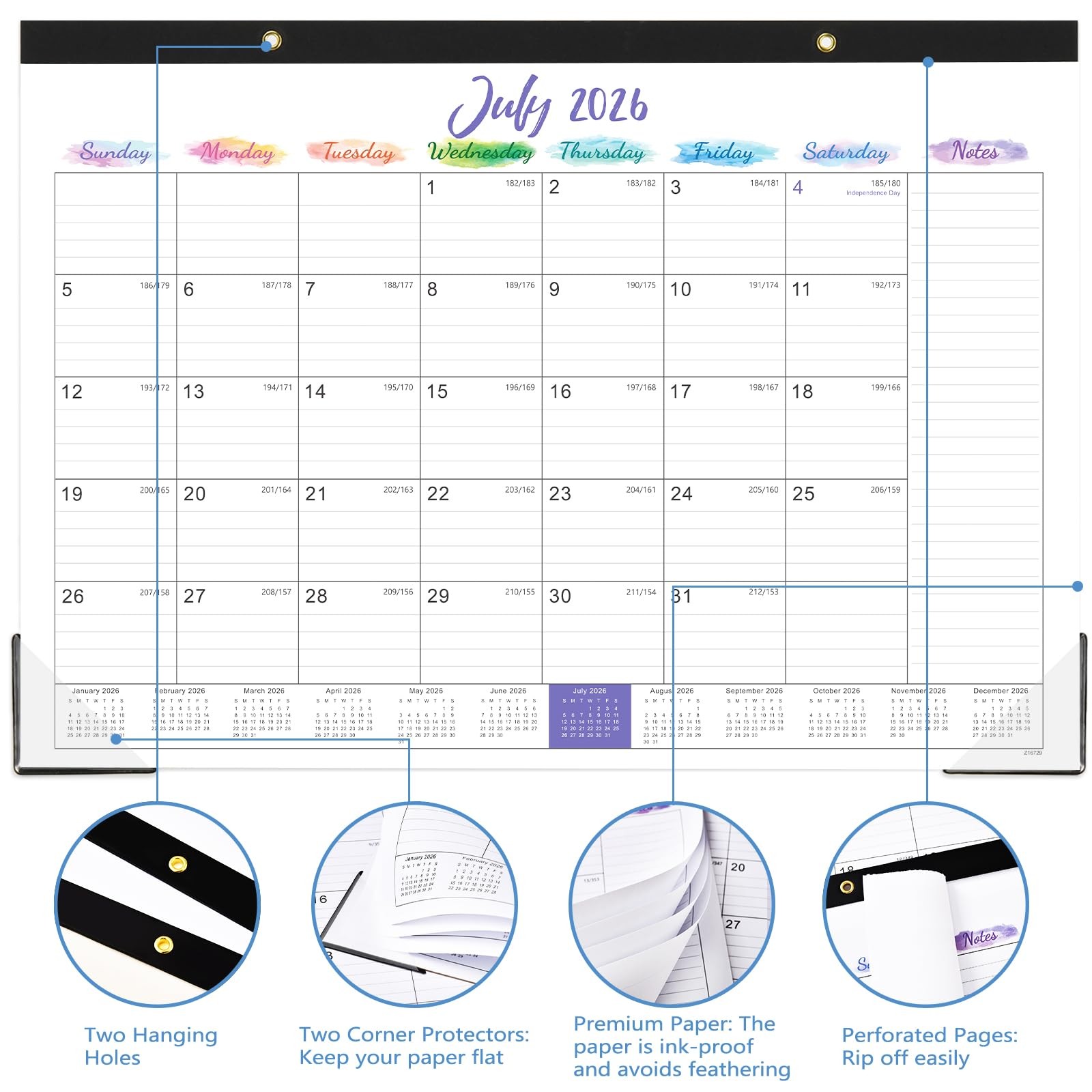 2026-2027 Desk Calendar – July 2026 – December 2027, 17″ x 12″, White