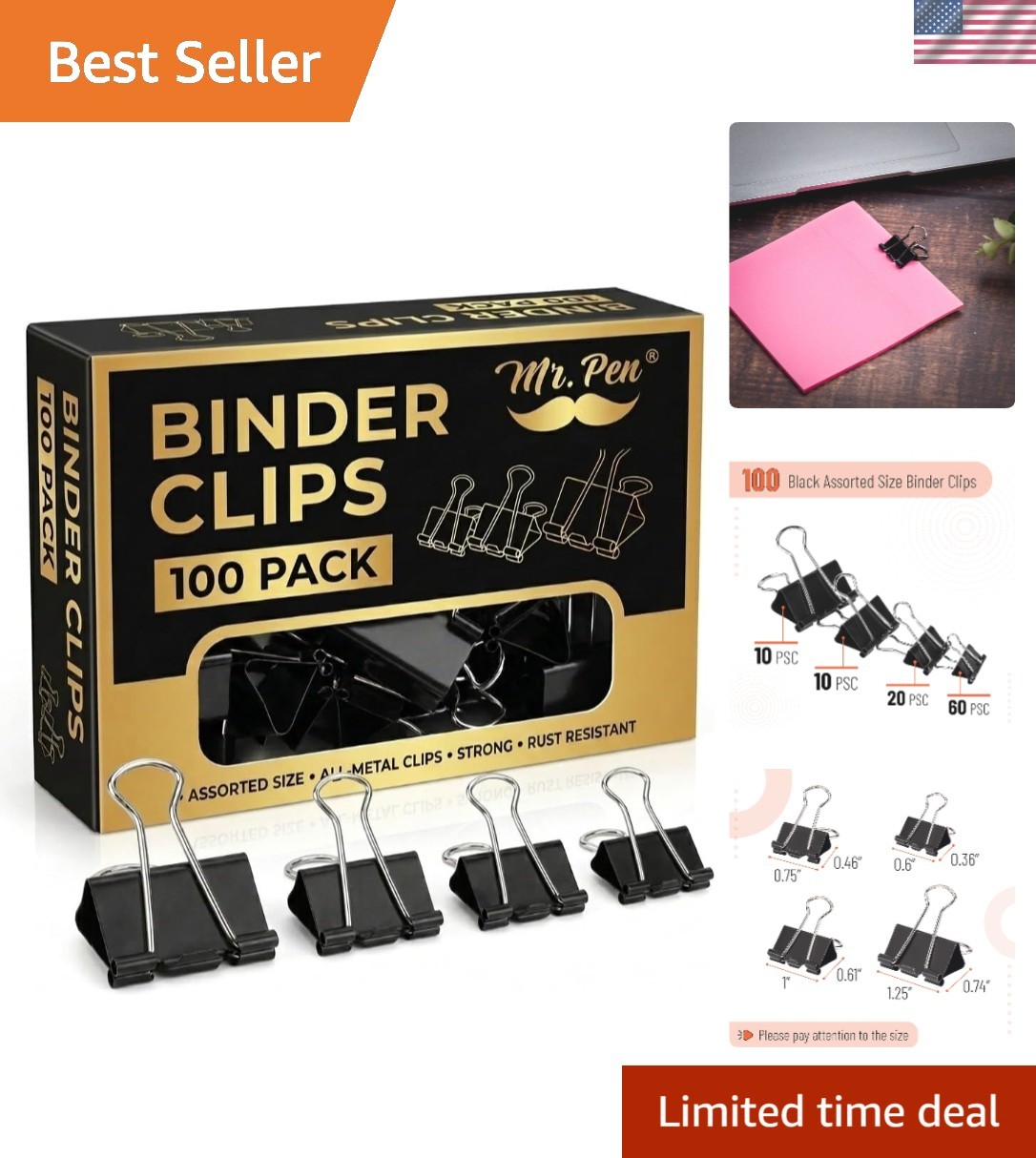 Tempered Steel Black Binder Clips Set – Secure Paper Clamps for Office & Home